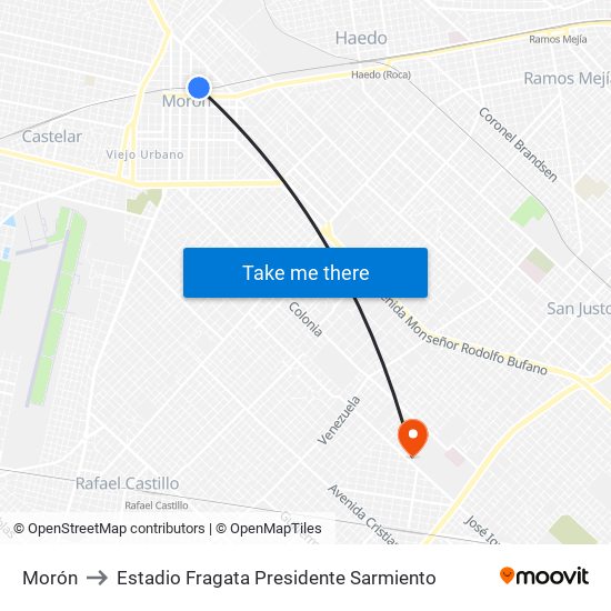 Morón to Estadio Fragata Presidente Sarmiento map