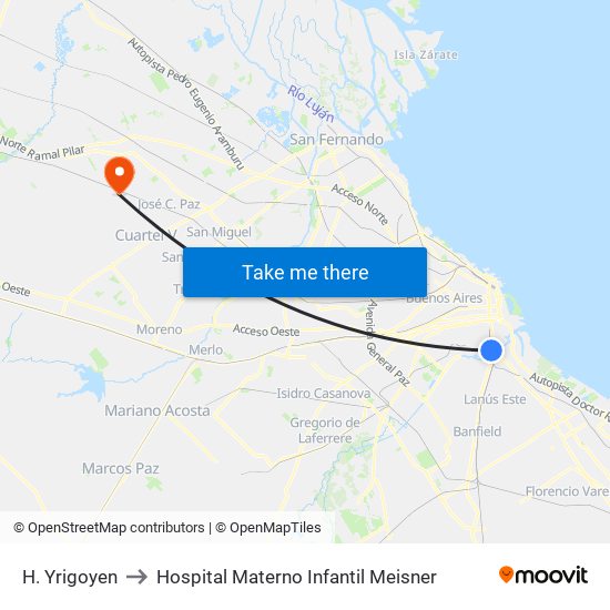 H. Yrigoyen to Hospital Materno Infantil Meisner map