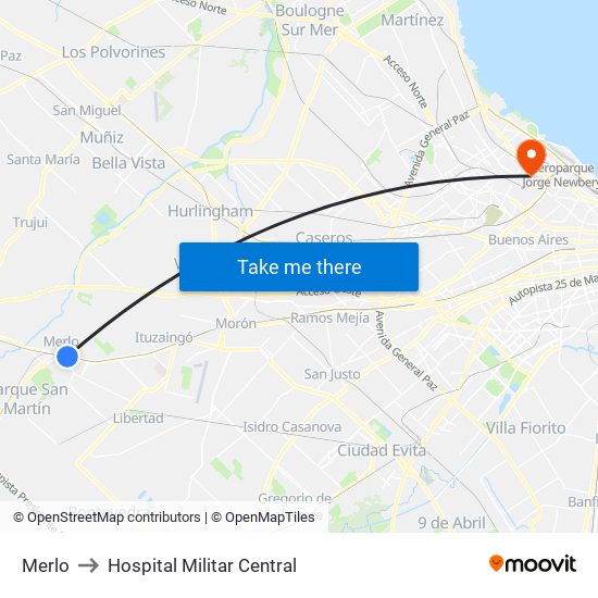 Merlo to Hospital Militar Central map