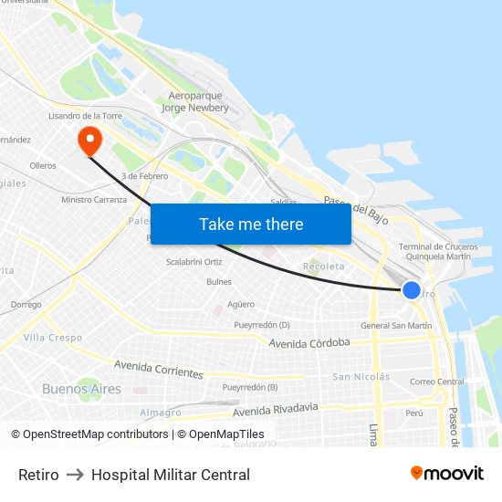 Retiro to Hospital Militar Central map