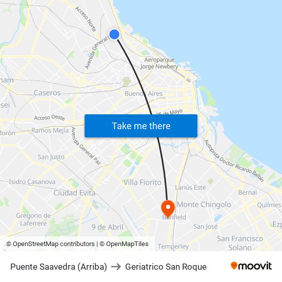 Puente Saavedra (Arriba) to Geriatrico San Roque map