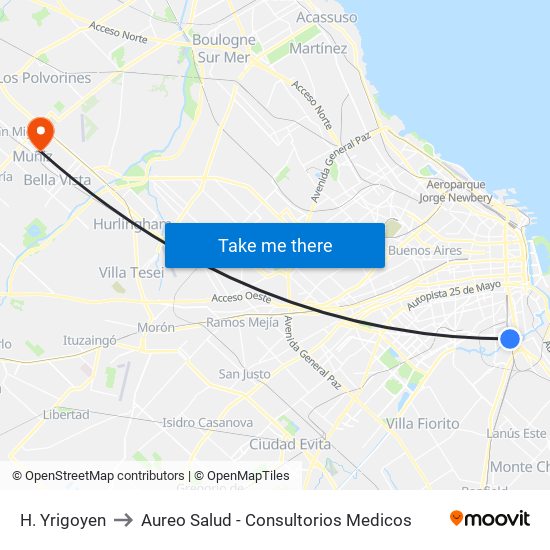 H. Yrigoyen to Aureo Salud - Consultorios Medicos map