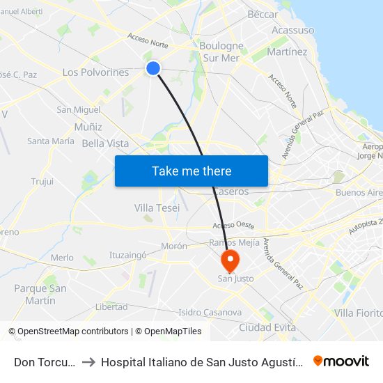 Don Torcuato to Hospital Italiano de San Justo Agustín Rocca map