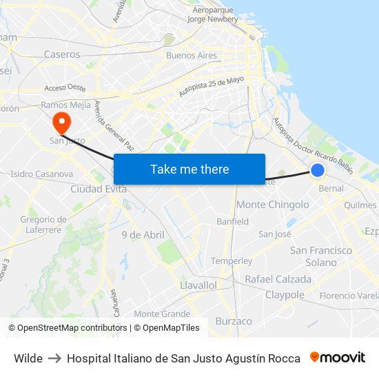 Wilde to Hospital Italiano de San Justo Agustín Rocca map