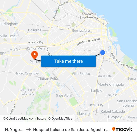 H. Yrigoyen to Hospital Italiano de San Justo Agustín Rocca map