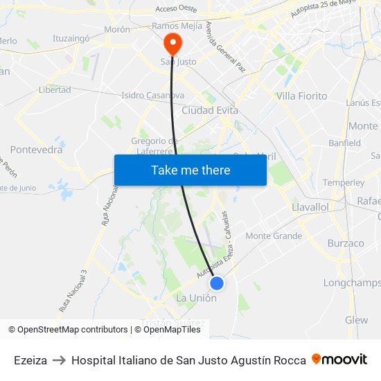 Ezeiza to Hospital Italiano de San Justo Agustín Rocca map