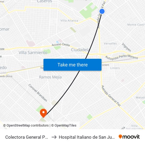 Colectora General Paz, 8302-8310 to Hospital Italiano de San Justo Agustín Rocca map