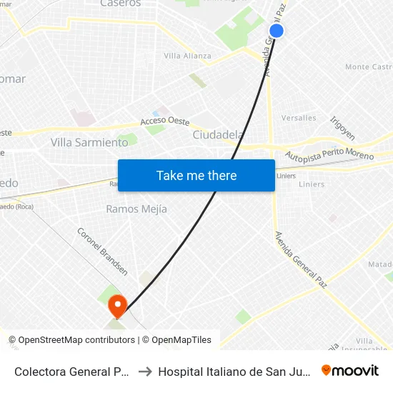 Colectora General Paz, 8302-8310 to Hospital Italiano de San Justo Agustín Rocca map
