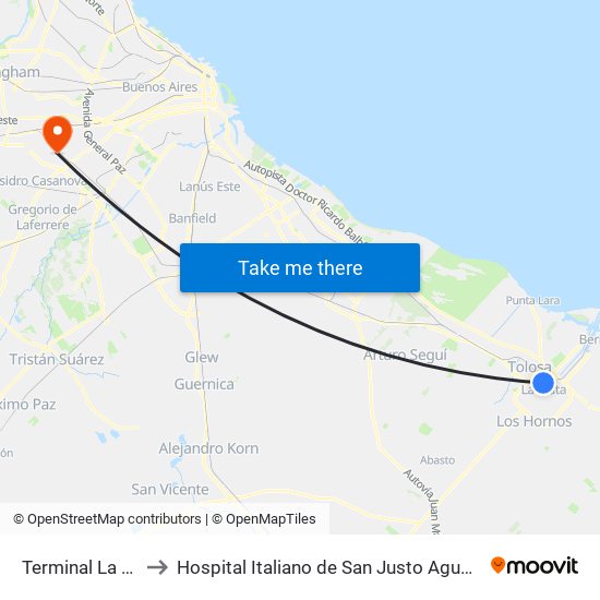 Terminal La Plata to Hospital Italiano de San Justo Agustín Rocca map