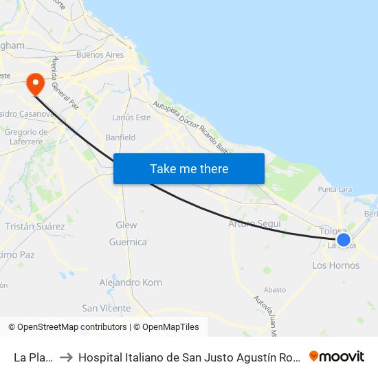 La Plata to Hospital Italiano de San Justo Agustín Rocca map