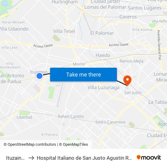 Ituzaingó to Hospital Italiano de San Justo Agustín Rocca map