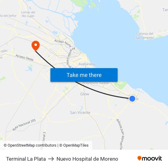 Terminal La Plata to Nuevo Hospital de Moreno map