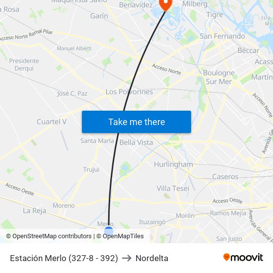 Estación Merlo (327-8 - 392) to Nordelta map
