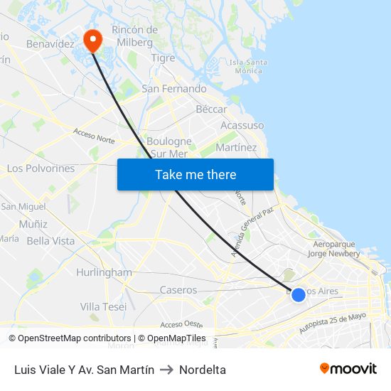 Luis Viale Y Av. San Martín to Nordelta map