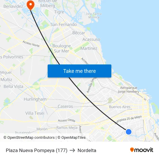 Plaza Nueva Pompeya (177) to Nordelta map