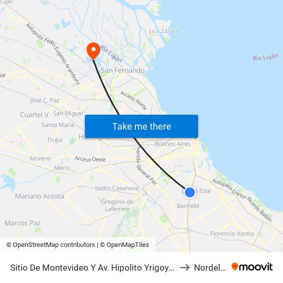 Sitio De Montevideo Y Av. Hipolito Yrigoyen to Nordelta map