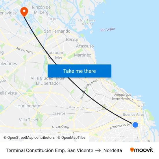 Terminal Constitución Emp. San Vicente to Nordelta map