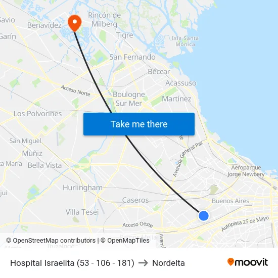 Hospital Israelita (53 - 106 - 181) to Nordelta map