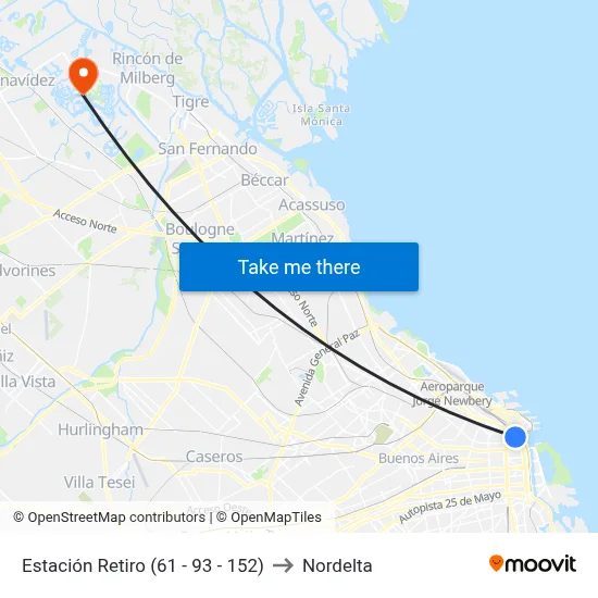 Estación Retiro (61 - 93 - 152) to Nordelta map
