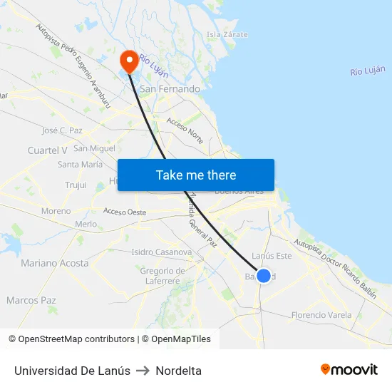 Universidad De Lanús to Nordelta map