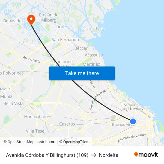 Avenida Córdoba Y Billinghurst (109) to Nordelta map