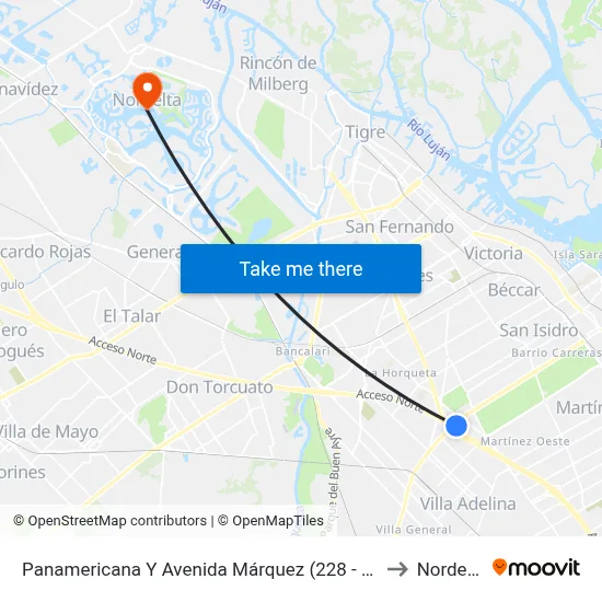 Panamericana Y Avenida Márquez (228 - 365) to Nordelta map