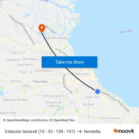 Estación Sarandí (10 - 33 - 159 - 197) to Nordelta map