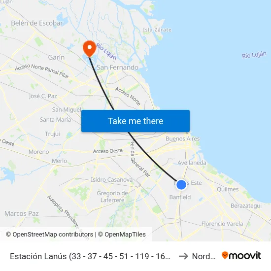 Estación Lanús (33 - 37 - 45 - 51 - 119 - 164 - 271 - 435) to Nordelta map
