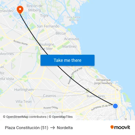 Plaza Constitución (51) to Nordelta map