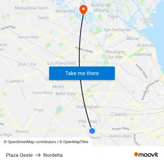 Plaza Oeste to Nordelta map