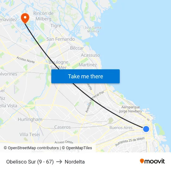 Obelisco Sur (9 - 67) to Nordelta map