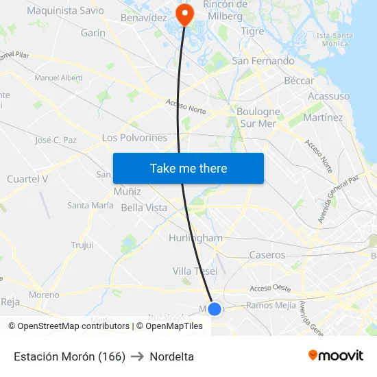 Estación Morón (166) to Nordelta map