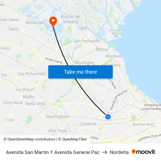 Avenida San Martín Y Avenida General Paz to Nordelta map