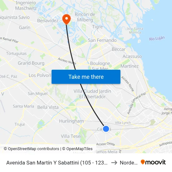 Avenida San Martín Y Sabattini (105 - 123 - 343) to Nordelta map