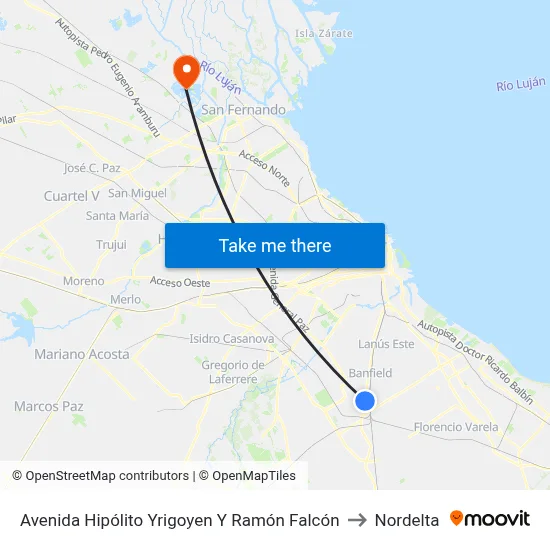 Avenida Hipólito Yrigoyen Y Ramón Falcón to Nordelta map