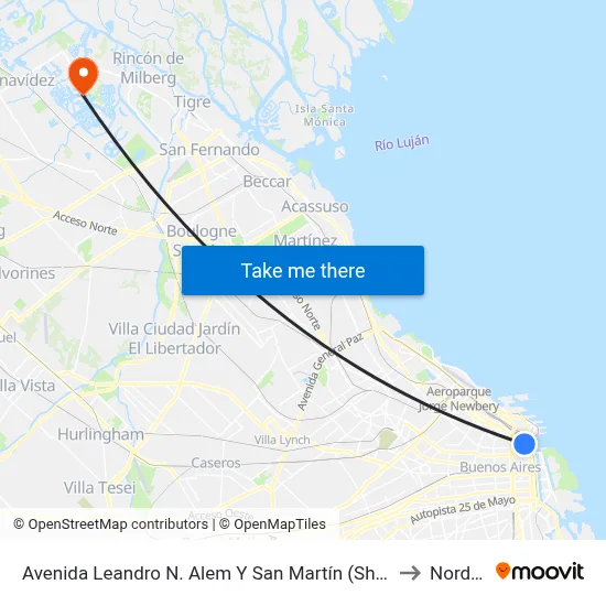 Avenida Leandro N. Alem Y San Martín (Sheraton Hotel) to Nordelta map