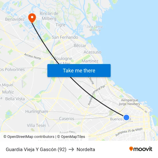 Guardia Vieja Y Gascón (92) to Nordelta map