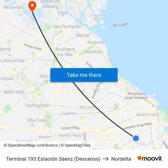 Terminal 193 Estación Sáenz (Descenso) to Nordelta map