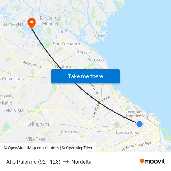 Alto Palermo (92 - 128) to Nordelta map