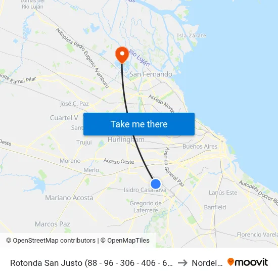 Rotonda San Justo (88 - 96 - 306 - 406 - 621) to Nordelta map