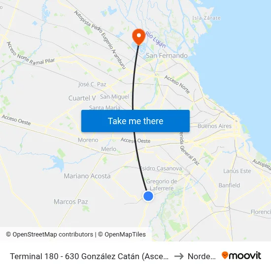 Terminal 180 - 630 González Catán (Ascenso) to Nordelta map