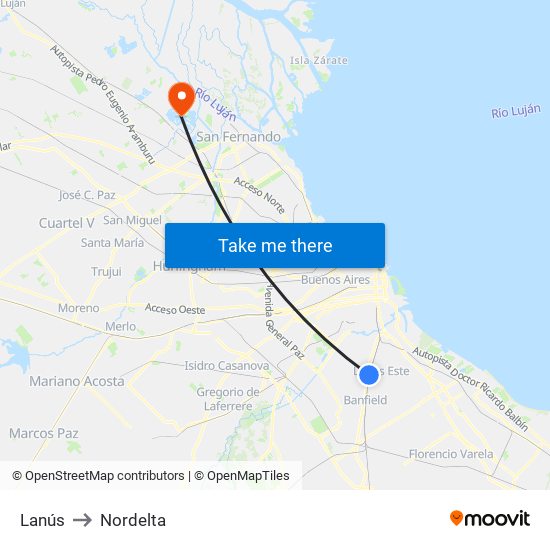 Lanús to Nordelta map