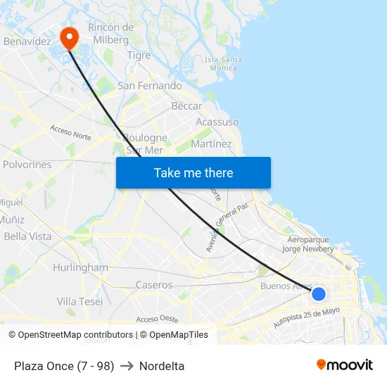 Plaza Once (7 - 98) to Nordelta map