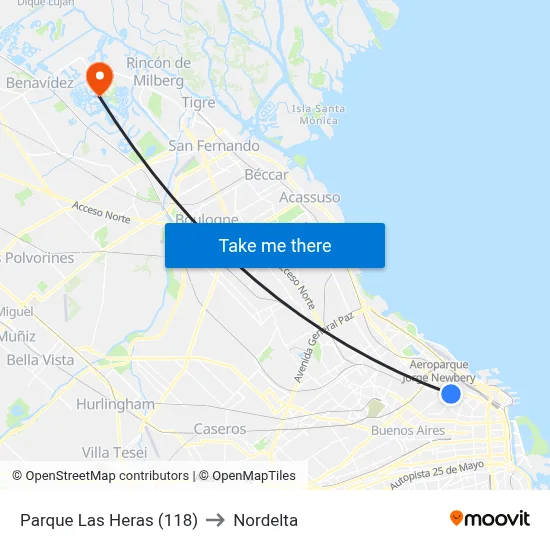 Parque Las Heras (118) to Nordelta map