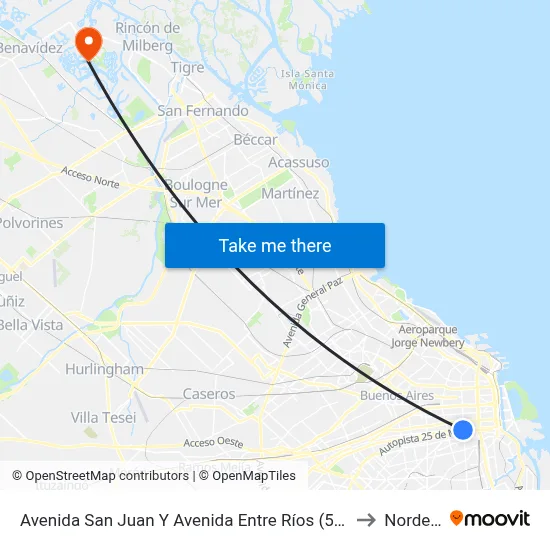 Avenida San Juan Y Avenida Entre Ríos (53 - 126) to Nordelta map