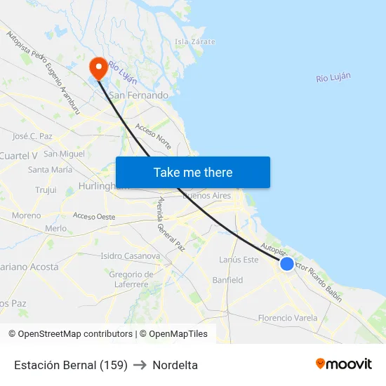 Estación Bernal (159) to Nordelta map