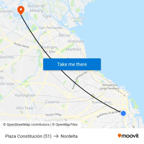 Plaza Constitución (51) to Nordelta map
