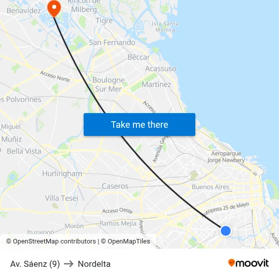 Av. Sáenz (9) to Nordelta map