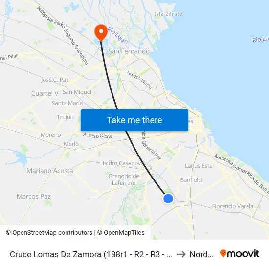 Cruce Lomas De Zamora (188r1 - R2 - R3 - 421 - 501) to Nordelta map