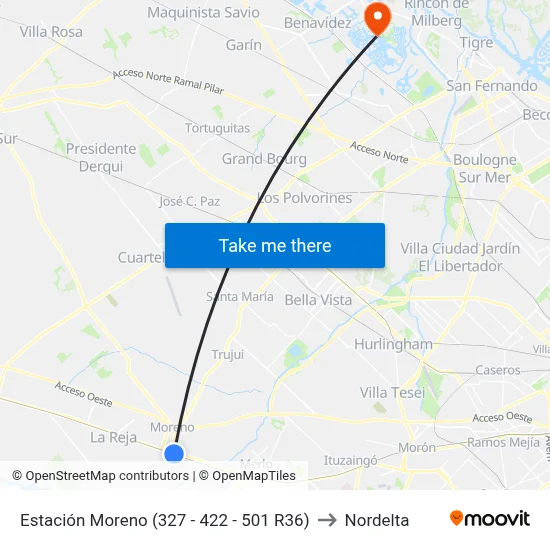 Estación Moreno (327 - 422 - 501 R36) to Nordelta map